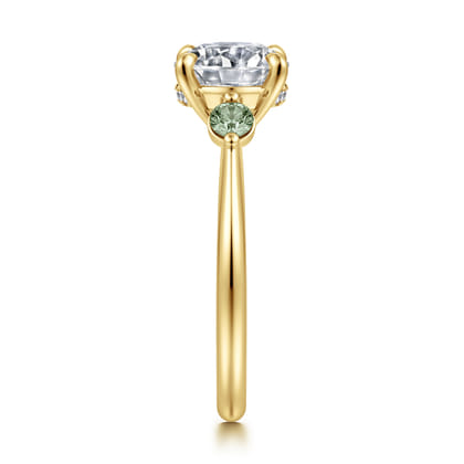 Stella - 14K Yellow Gold Round Three Stone Green Sapphire and Diamond Engagement Ring