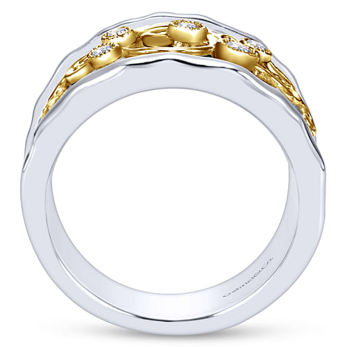 Sterling Silver-18K Yellow Gold Embossed Scrollwork Diamond Wide Band Ring - 0.1 ct - Shot 2