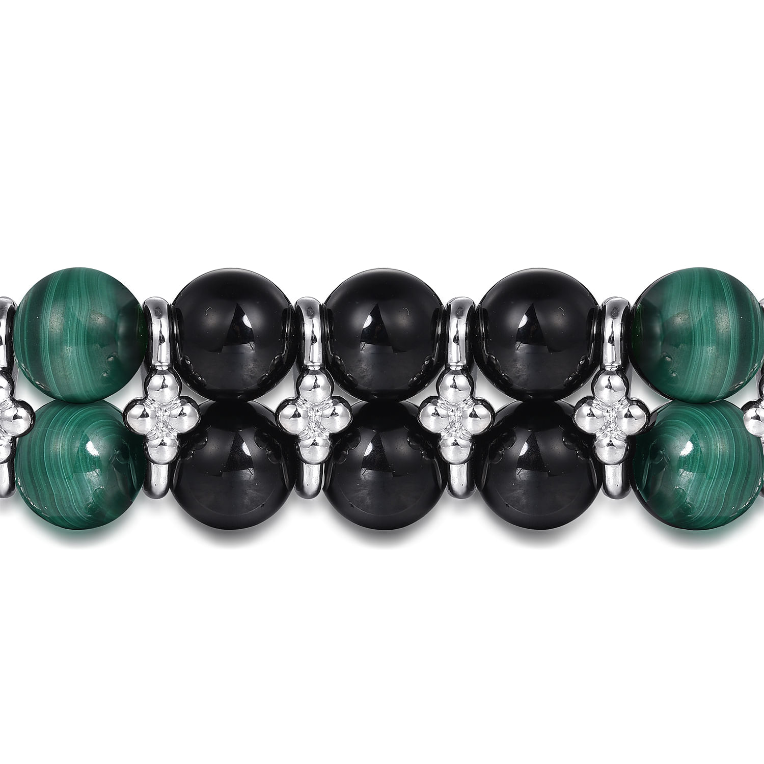 Sterling Silver 8mm Onyx and Malachite Beaded Bracelet