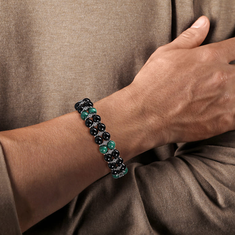 Sterling Silver 8mm Onyx and Malachite Beaded Bracelet - Shot 3