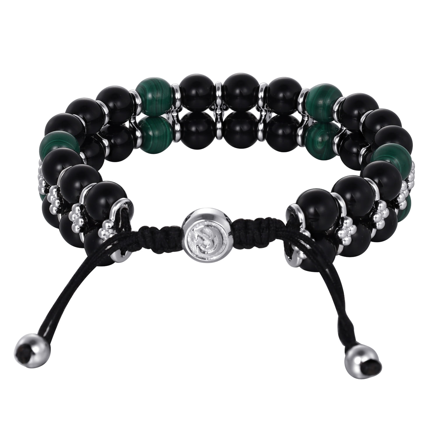 Sterling Silver 8mm Onyx and Malachite Beaded Bracelet
