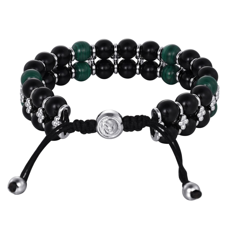 Sterling Silver 8mm Onyx and Malachite Beaded Bracelet
