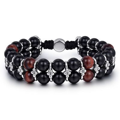 Sterling Silver 8mm Onyx and Tiger Eye Beaded Bracelet