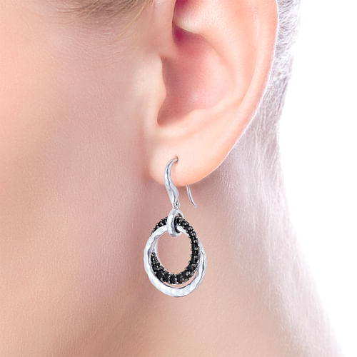 Sterling Silver Black Spinel Double Circle Drop Earrings - Shot 2