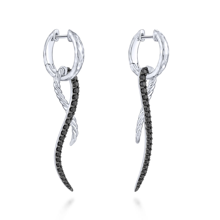 Sterling Silver Black Spinel Twisted Criss Cross Huggie Drop Earrings