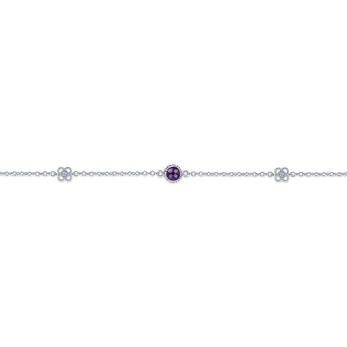 Sterling Silver Chain Ankle Bracelet with Amethyst and White Sapphire - Shot 2