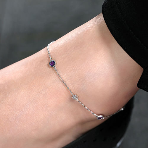 Sterling Silver Chain Ankle Bracelet with Amethyst and White Sapphire - Shot 3
