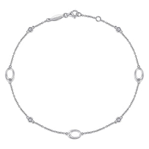 Sterling Silver Chain Ankle Bracelet with Oval Links and White Sapphire Stations