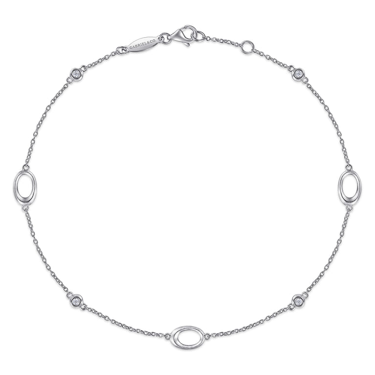 Sterling Silver Chain Ankle Bracelet with Oval Links and White Sapphire Stations - Shot 1