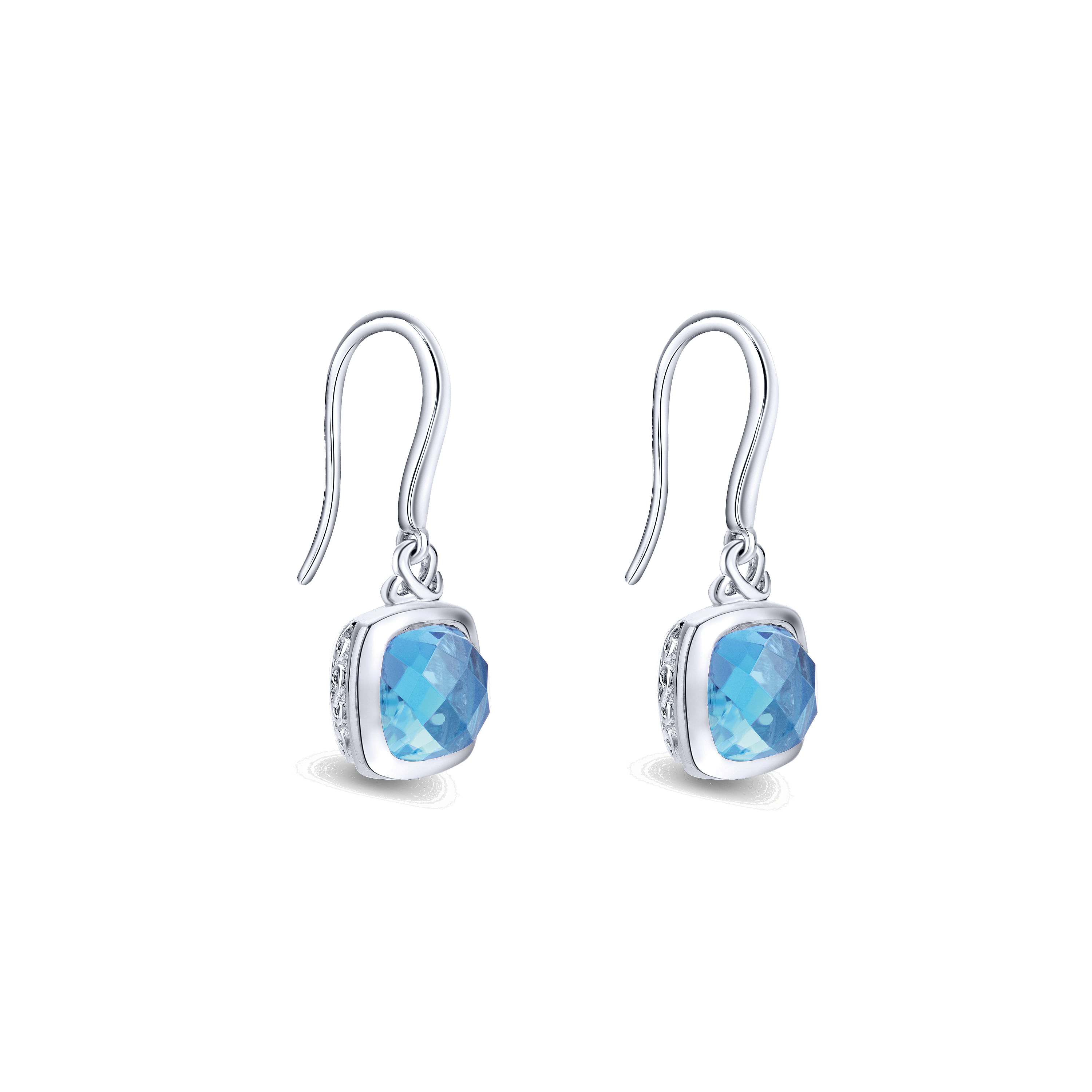 Sterling Silver Cushion Bezel Blue Topaz Drop Earrings - Shot 2