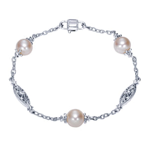 Sterling Silver Filigree and Pearl Station Bracelet