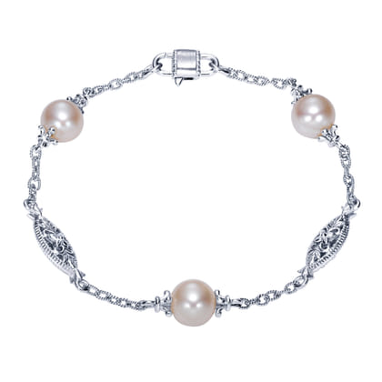 Sterling Silver Filigree and Pearl Station Bracelet