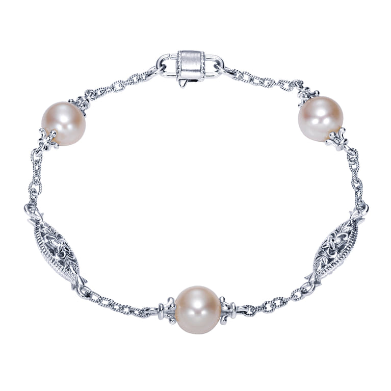 Sterling Silver Filigree and Pearl Station Bracelet - Shot 1