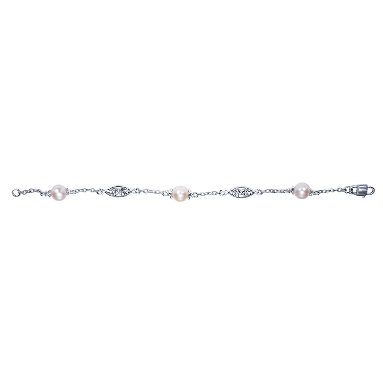 Sterling Silver Filigree and Pearl Station Bracelet - Shot 3