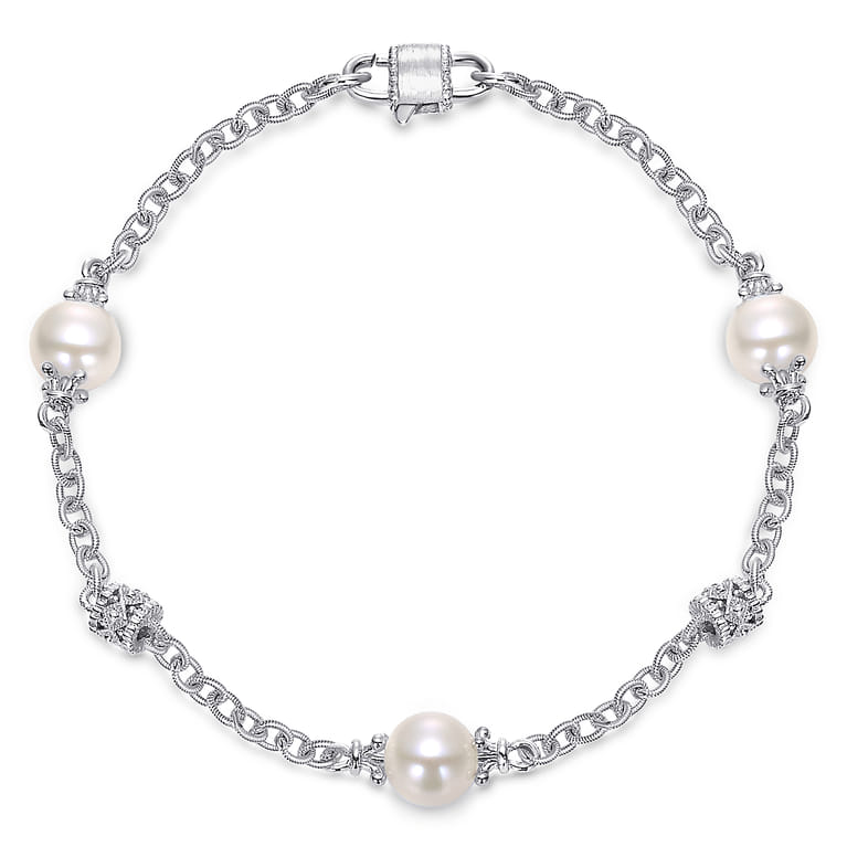 Sterling Silver Filigree and Pearl Station Bracelet - Shot 1