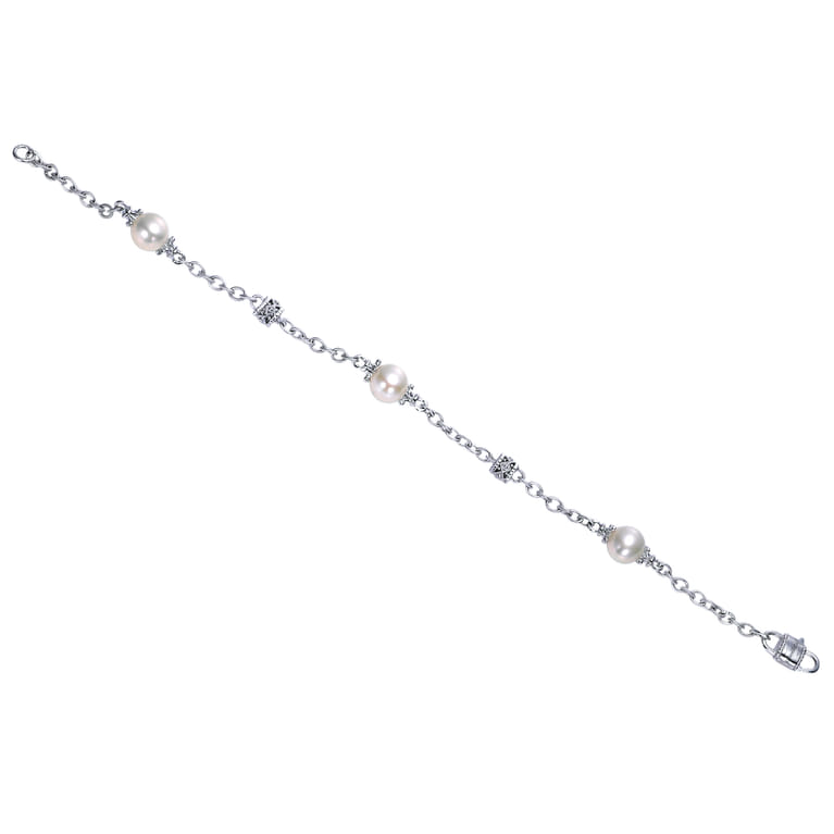 Sterling Silver Filigree and Pearl Station Bracelet - Shot 3