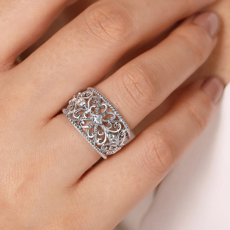 Sterling Silver Floral Openwork White Sapphire Ring - Shot 5