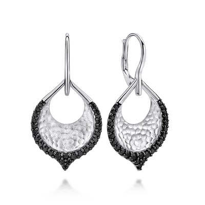 Sterling Silver Hammered Teardrop Leverback Earrings with Black Spinel