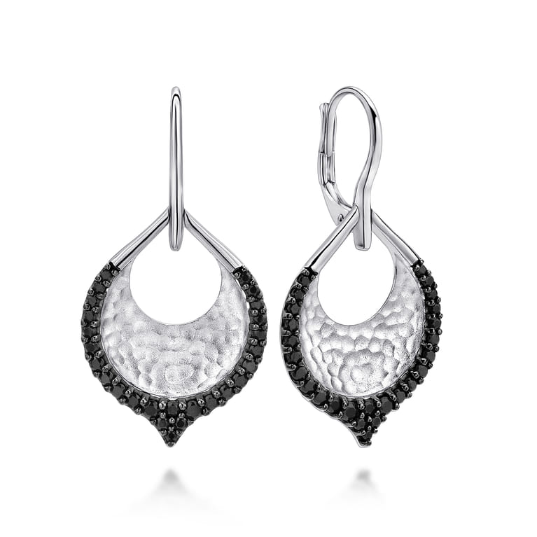 Sterling Silver Hammered Teardrop Leverback Earrings with Black Spinel - Shot 1