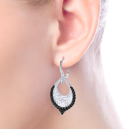 Sterling Silver Hammered Teardrop Leverback Earrings with Black Spinel - Shot 2