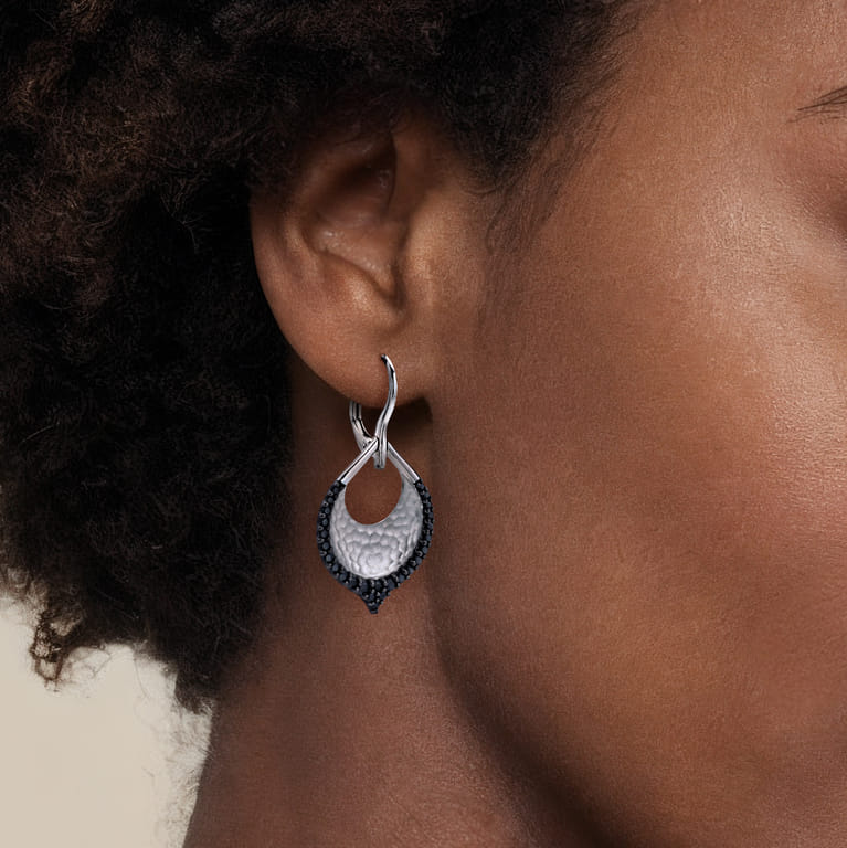Sterling Silver Hammered Teardrop Leverback Earrings with Black Spinel - Shot 2