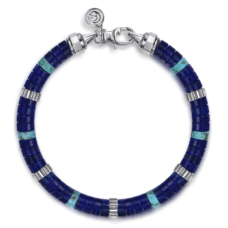 Sterling Silver Lapis and Turquoise Cylinder Beaded Bracelet - Shot 1