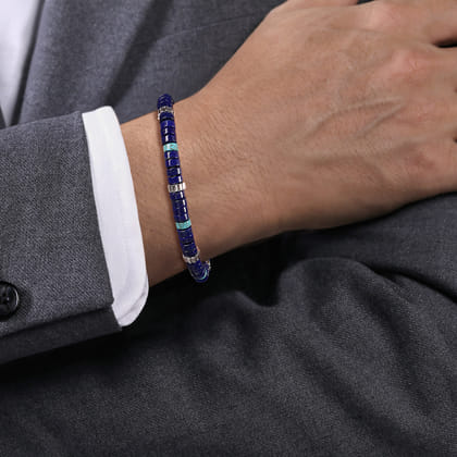 Sterling Silver Lapis and Turquoise Cylinder Beaded Bracelet