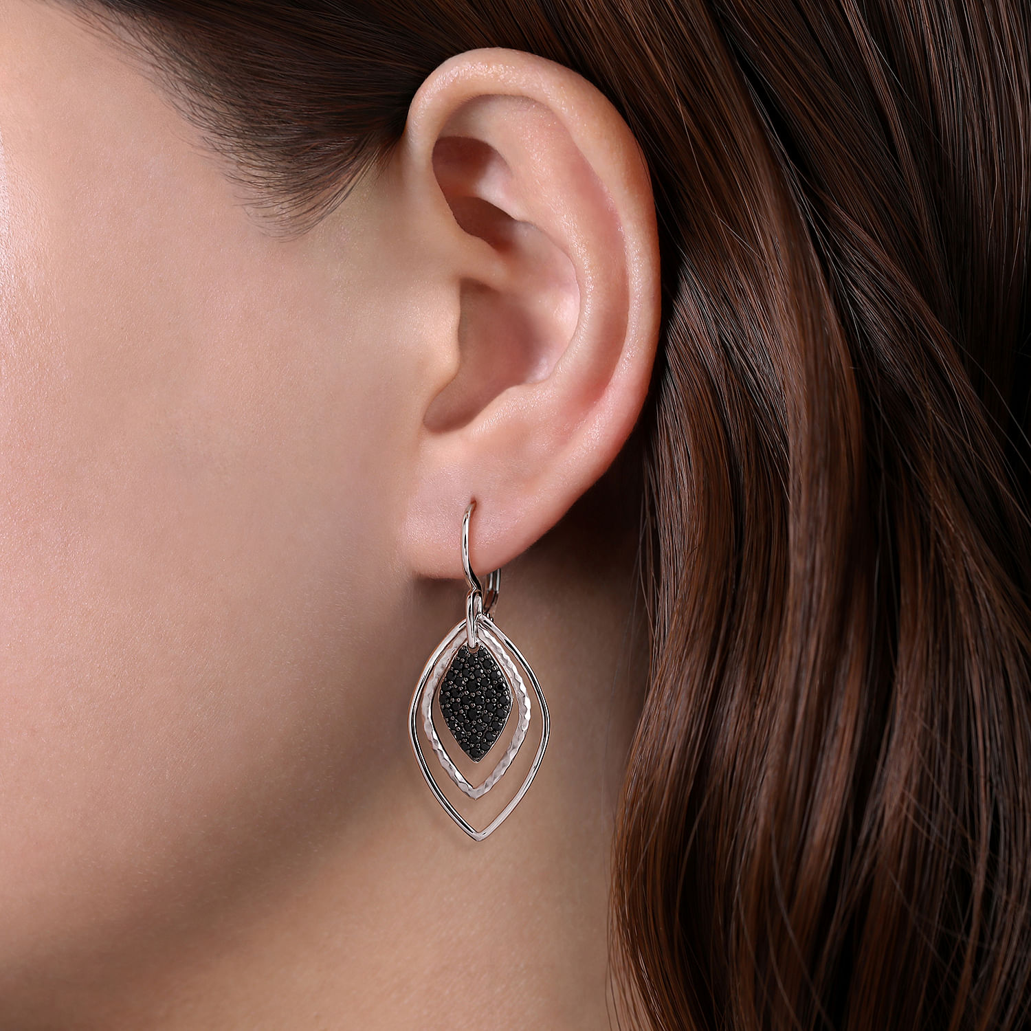 Sterling Silver  Layered Black Spinel Cluster Earrings - Shot 2