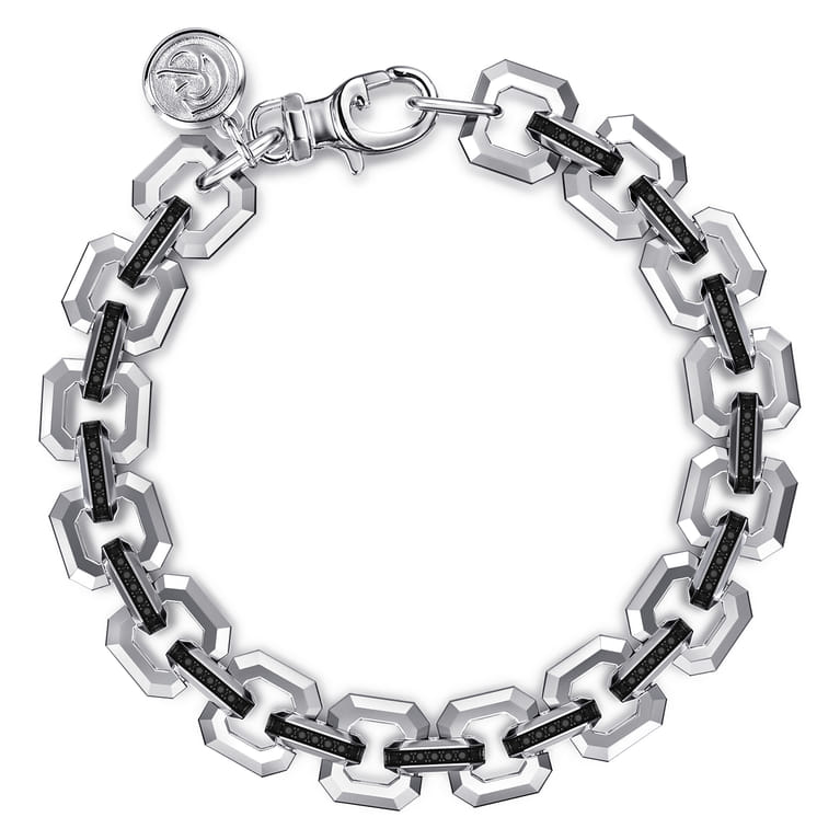 Sterling Silver Men's Link Chain Tennis Bracelet with Black Spinel Connectors - Shot 3