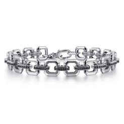 Sterling Silver Men's Link Chain Tennis Bracelet with Black Spinel Connectors