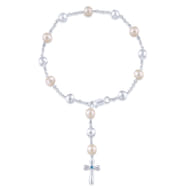 Sterling Silver Pearl Rosary Bracelet with Blue Topaz Stone Cross