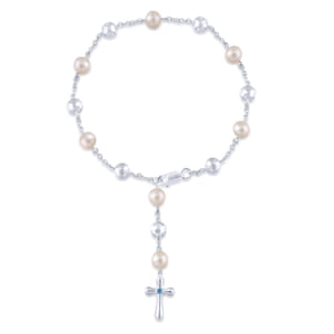 Sterling Silver Pearl Rosary Bracelet with Blue Topaz Stone Cross