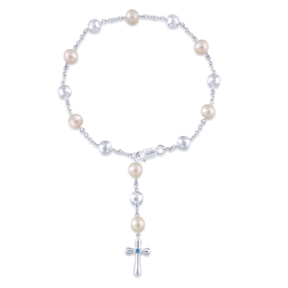 Sterling Silver Pearl Rosary Bracelet with Blue Topaz Stone Cross
