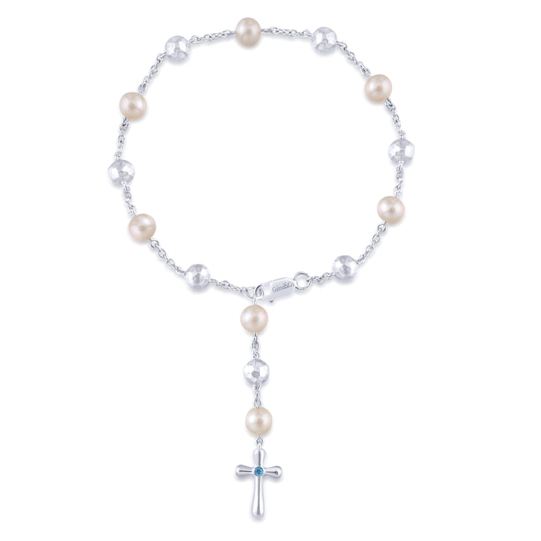 Sterling Silver Pearl Rosary Bracelet with Blue Topaz Stone Cross - Shot 1