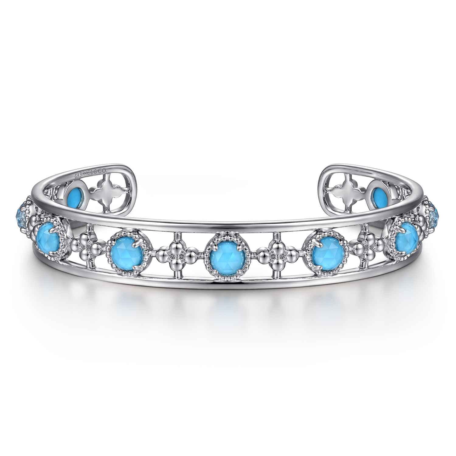 Sterling Silver Rock Crystal and Turquoise Station Bangle - Shot 1