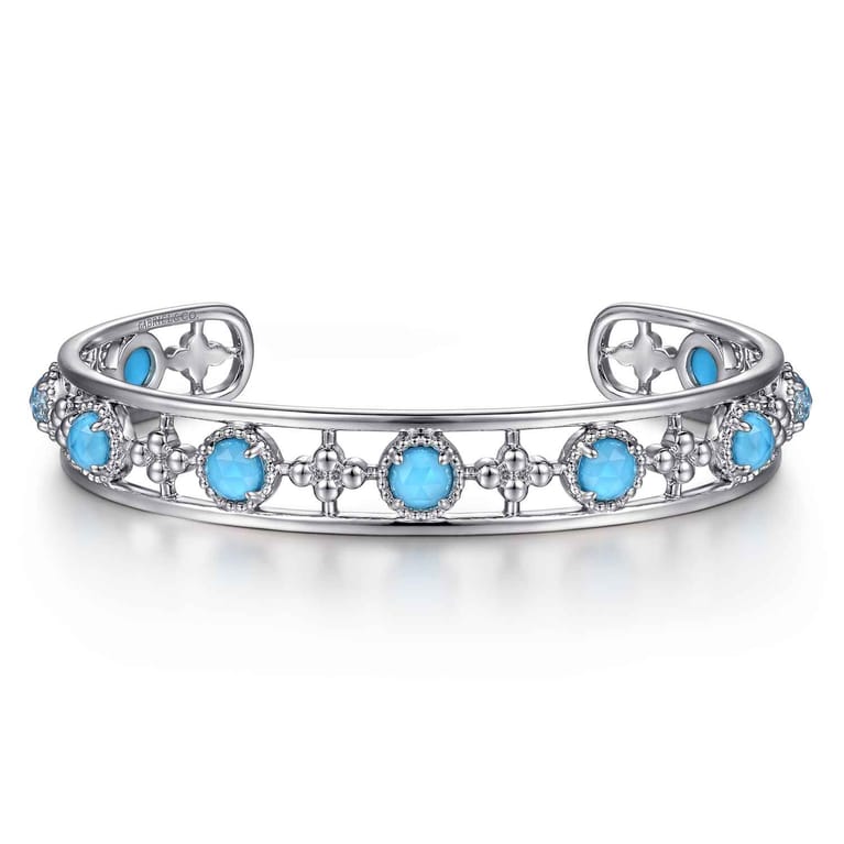 Sterling Silver Rock Crystal and Turquoise Station Bangle - Shot 1