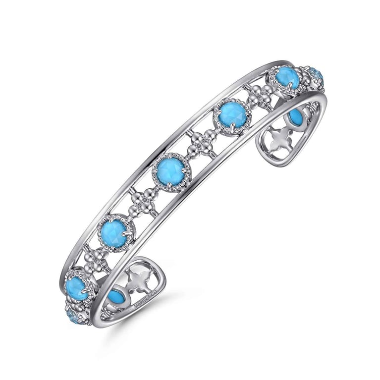 Sterling Silver Rock Crystal and Turquoise Station Bangle - Shot 2
