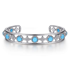 Sterling Silver Rock Crystal and Turquoise Station Bangle