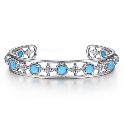 Sterling Silver Rock Crystal and Turquoise Station Bangle