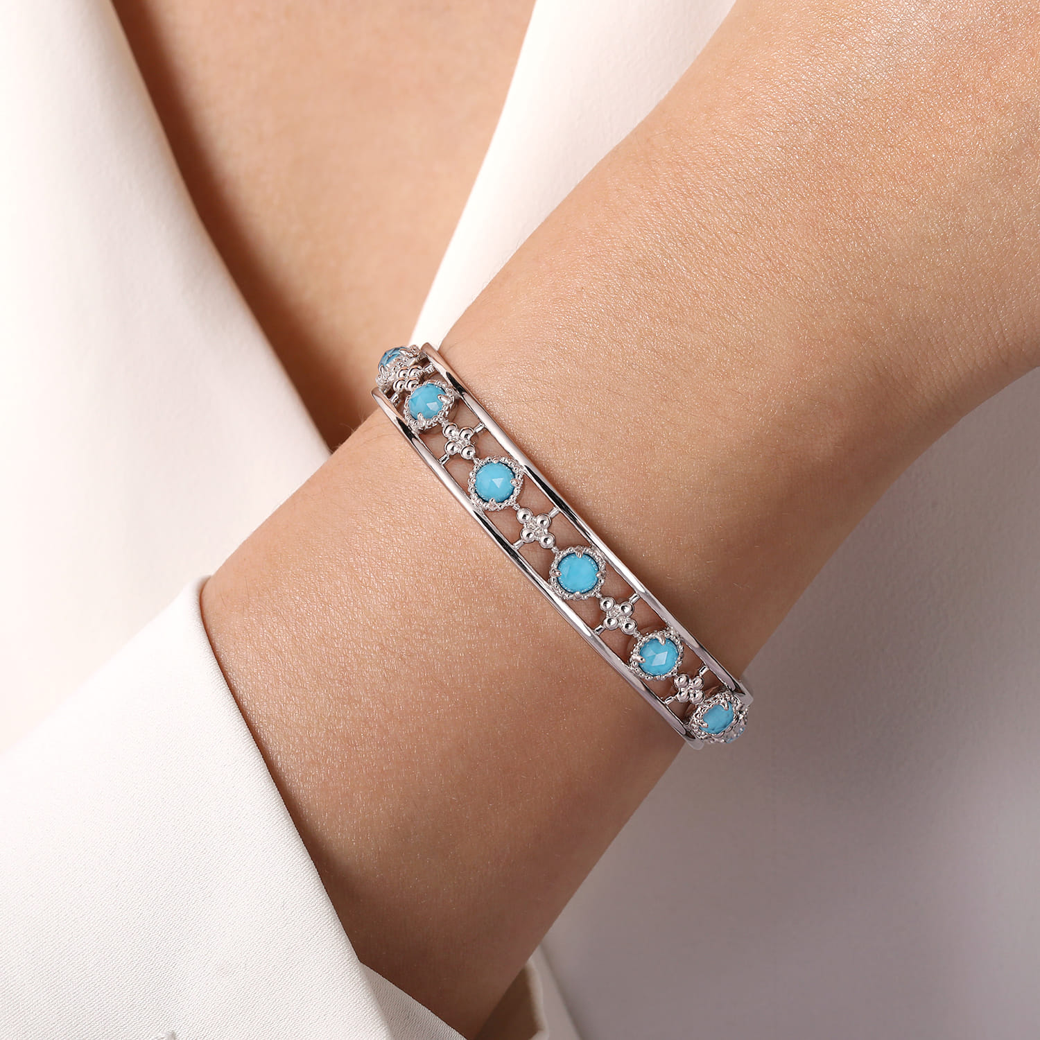 Sterling Silver Rock Crystal and Turquoise Station Bangle - Shot 4