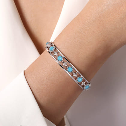 Sterling Silver Rock Crystal and Turquoise Station Bangle