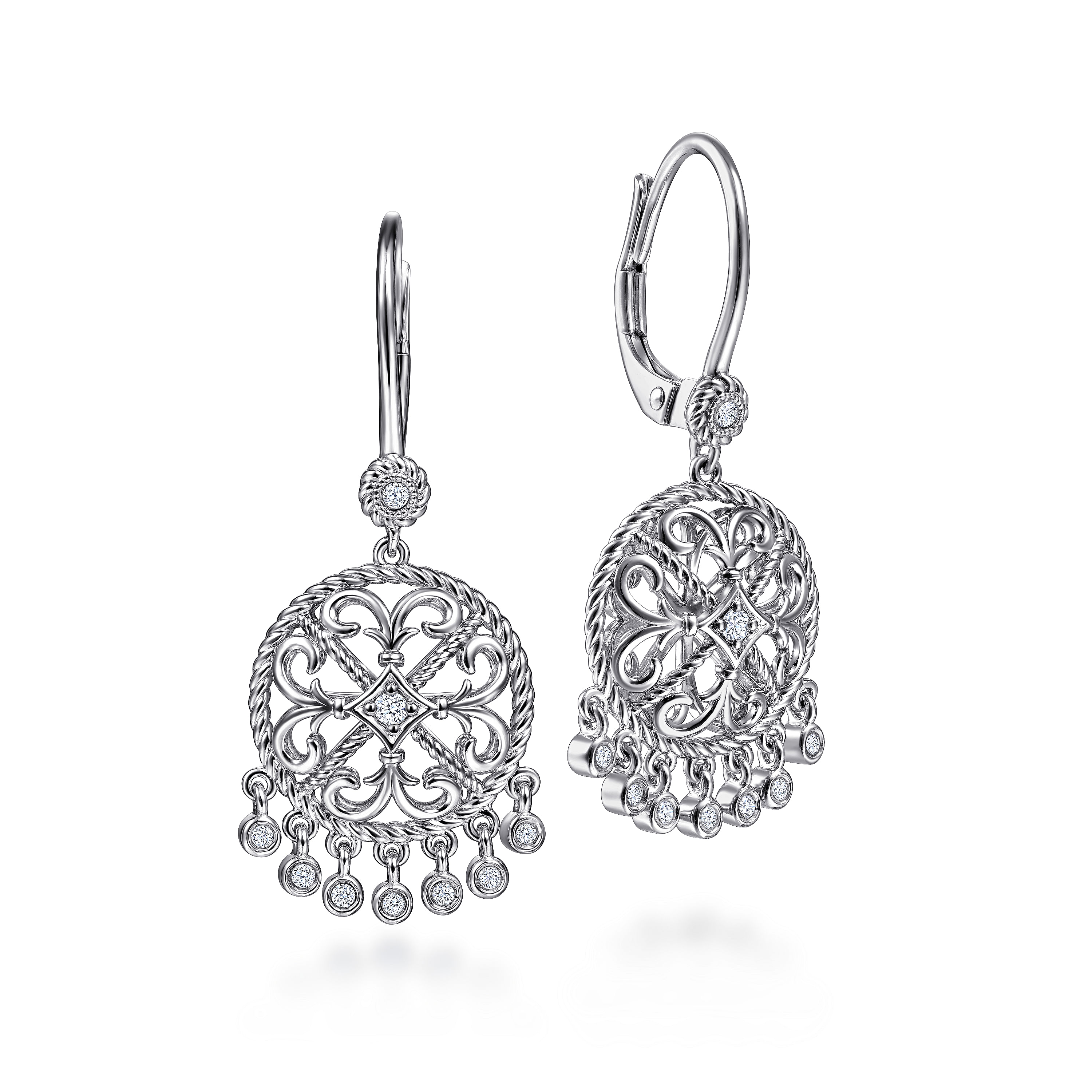 Sterling Silver Round Filigree White Sapphire Earrings with Drops