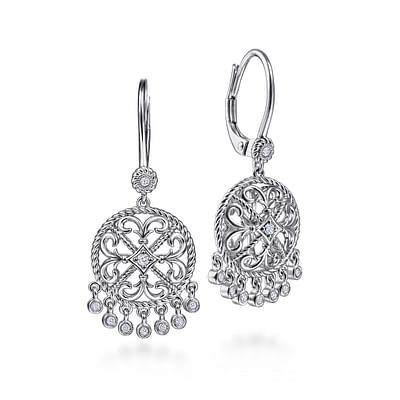 Sterling Silver Round Filigree White Sapphire Earrings with Drops