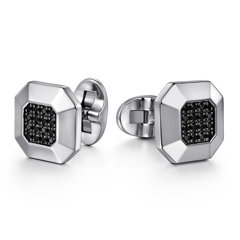 Sterling Silver Square Cufflinks with Black Spinel Stone - Shot 1