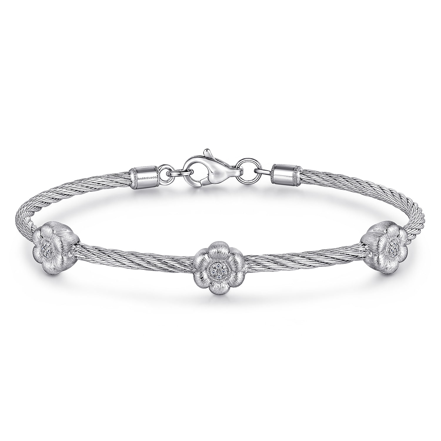 Sterling Silver-Stainless Steel Twisted Cable Bangle with 3 Flower Cluster Diamond Stations - 0.02 ct - Shot 1