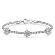 Sterling Silver-Stainless Steel Twisted Cable Bangle with 3 Flower Cluster Diamond Stations