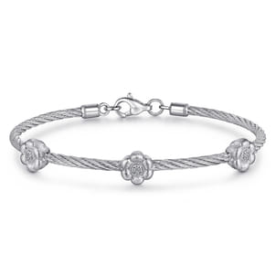 Sterling Silver-Stainless Steel Twisted Cable Bangle with 3 Flower Cluster Diamond Stations