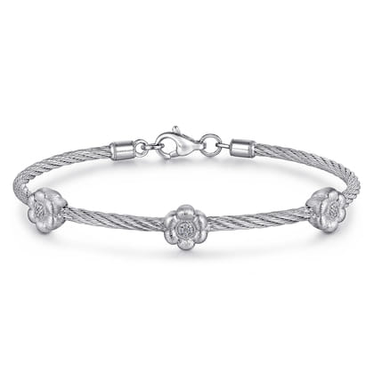Sterling Silver-Stainless Steel Twisted Cable Bangle with 3 Flower Cluster Diamond Stations