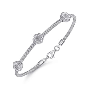 Sterling Silver-Stainless Steel Twisted Cable Bangle with 3 Flower Cluster Diamond Stations