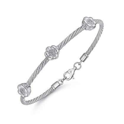 Sterling Silver-Stainless Steel Twisted Cable Bangle with 3 Flower Cluster Diamond Stations